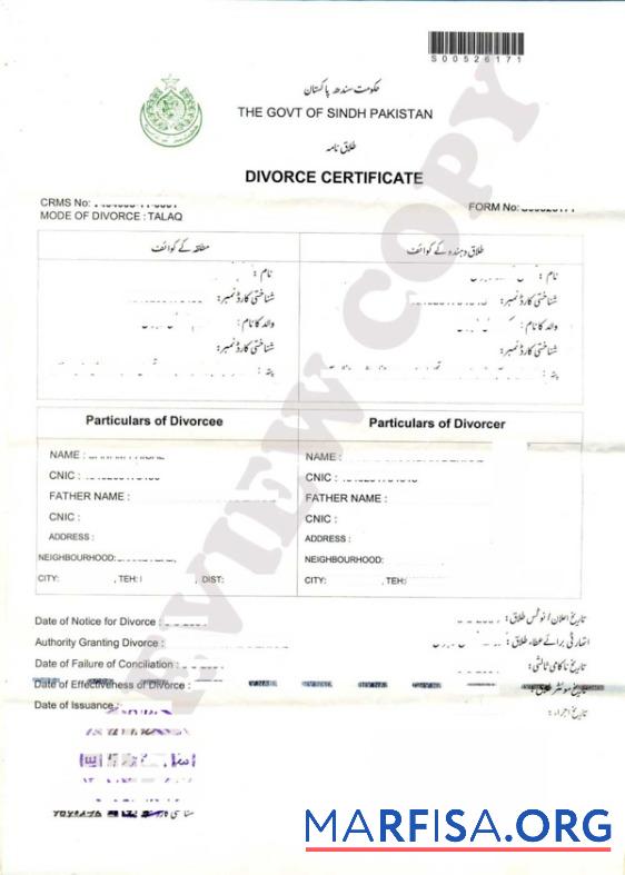 Realistic Pakistan Government of Sindh Pakistan divorce certificate real example